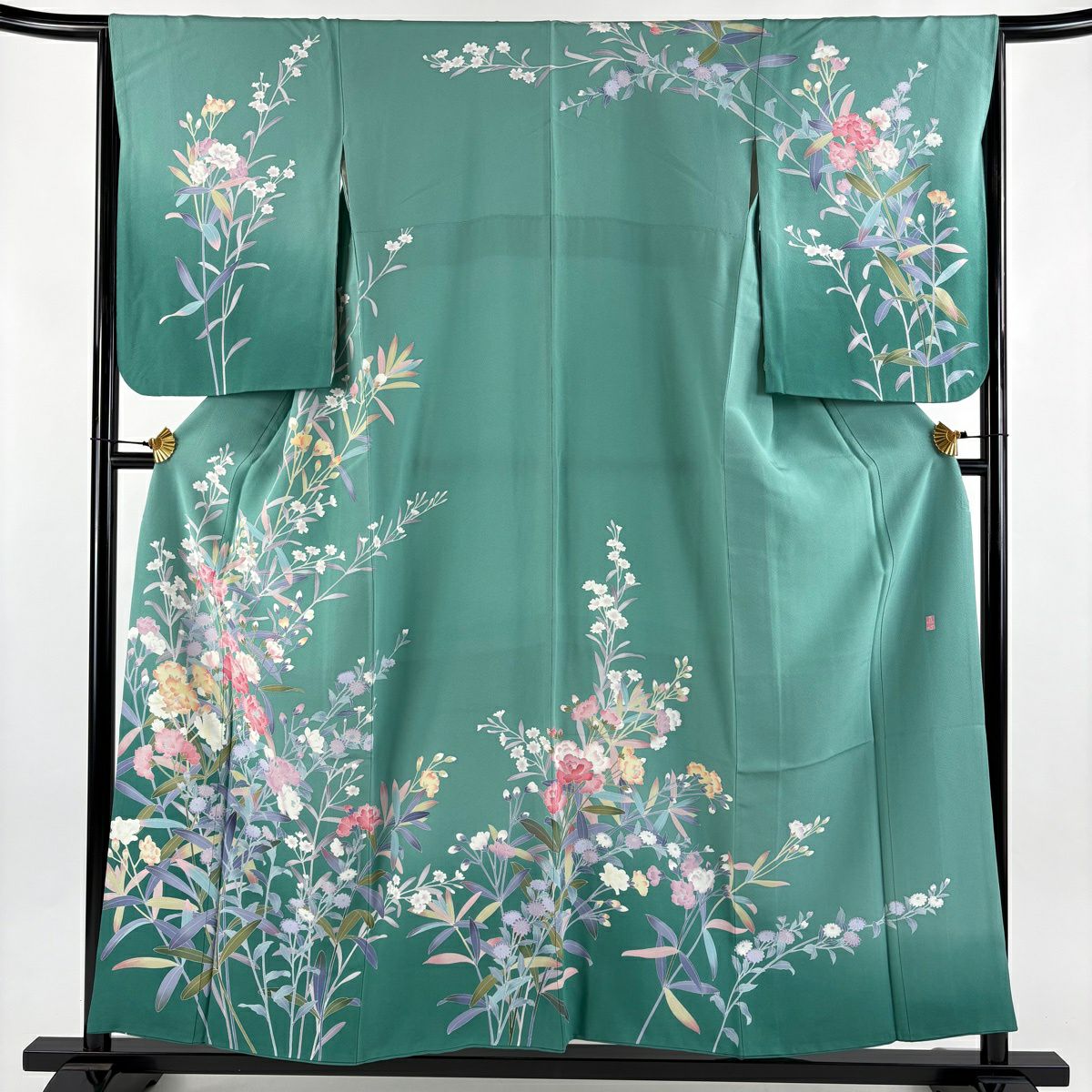 訪問服 身長156.5cm 袖長65cm M 雙層 落款 草花紋 細染 漸層 淺綠 純蠶絲 名品級