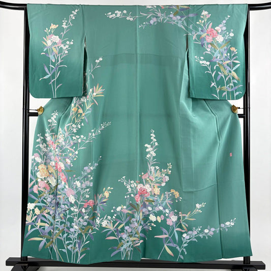 訪問服 身長156.5cm 袖長65cm M 雙層 落款 草花紋 細染 漸層 淺綠 純蠶絲 名品級