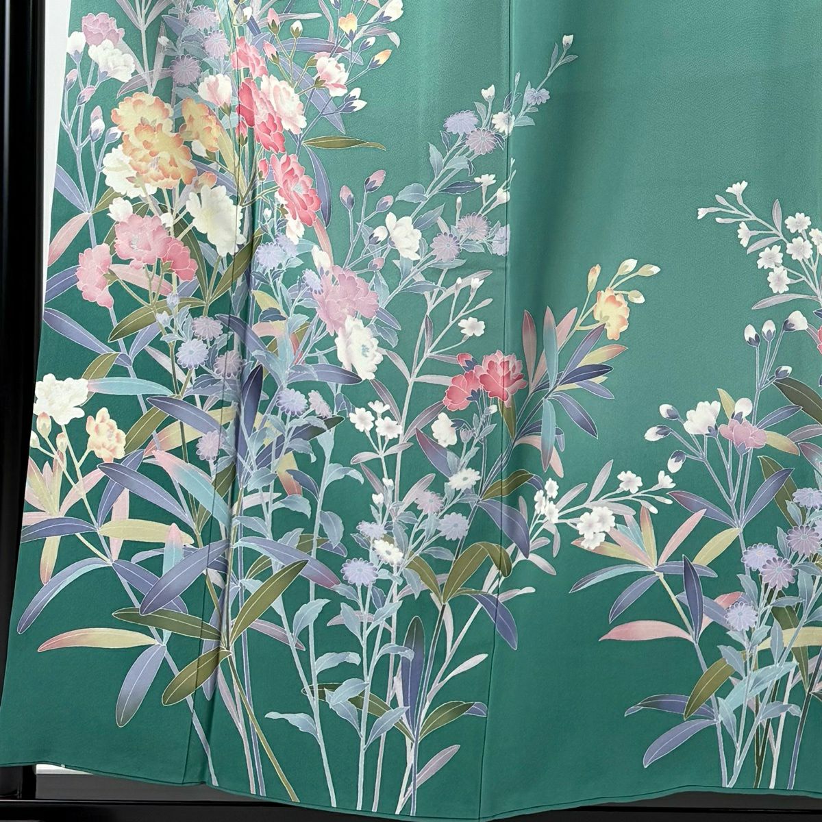 訪問服 身長156.5cm 袖長65cm M 雙層 落款 草花紋 細染 漸層 淺綠 純蠶絲 名品級