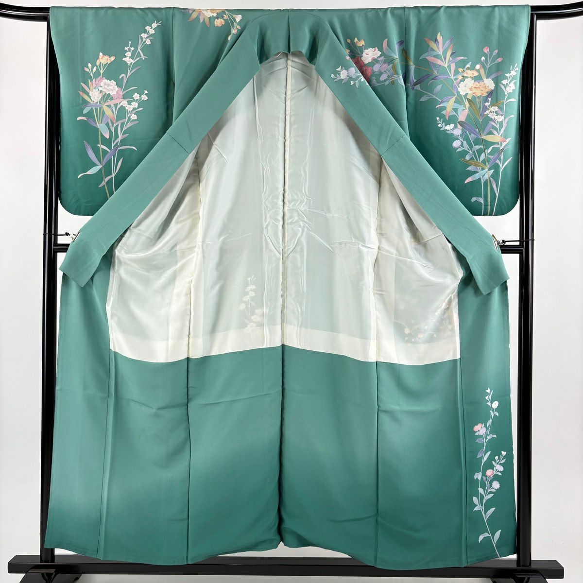 訪問服 身長156.5cm 袖長65cm M 雙層 落款 草花紋 細染 漸層 淺綠 純蠶絲 名品級