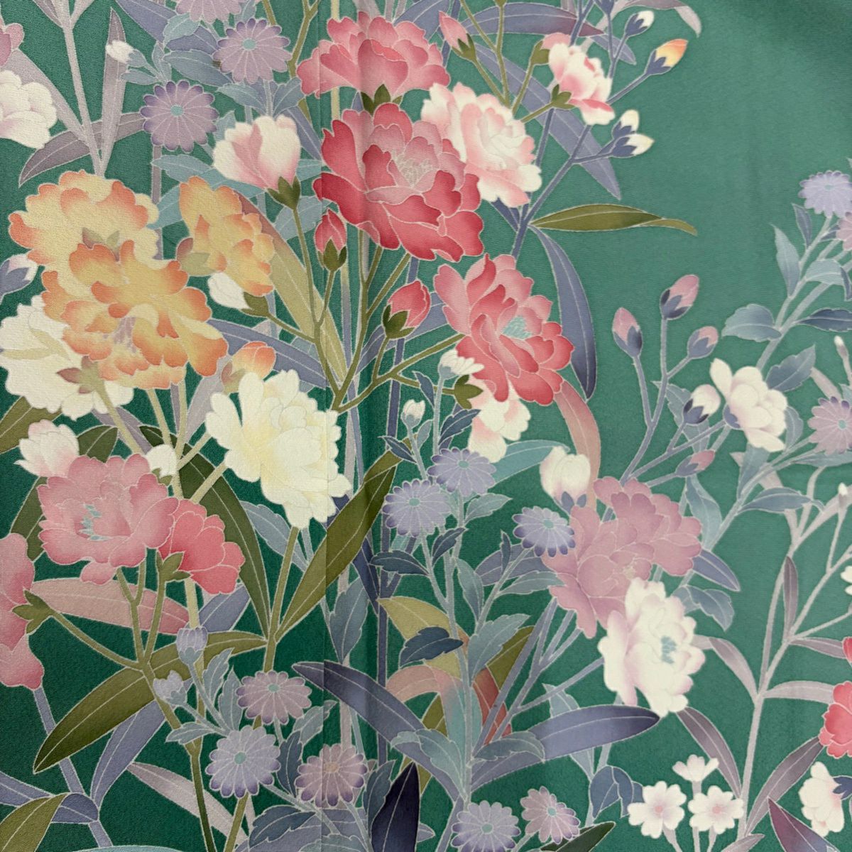 訪問服 身長156.5cm 袖長65cm M 雙層 落款 草花紋 細染 漸層 淺綠 純蠶絲 名品級