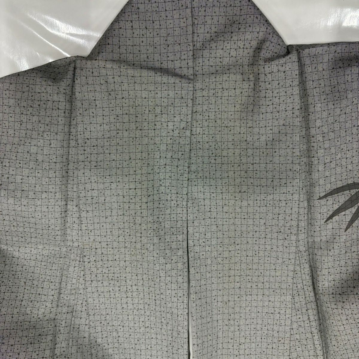 訪問服 身長156.5cm 袖長62.5cm S 雙層 川村久太郎 紬織織 落款あり 竹子 格子 灰色 純蠶絲 名品級