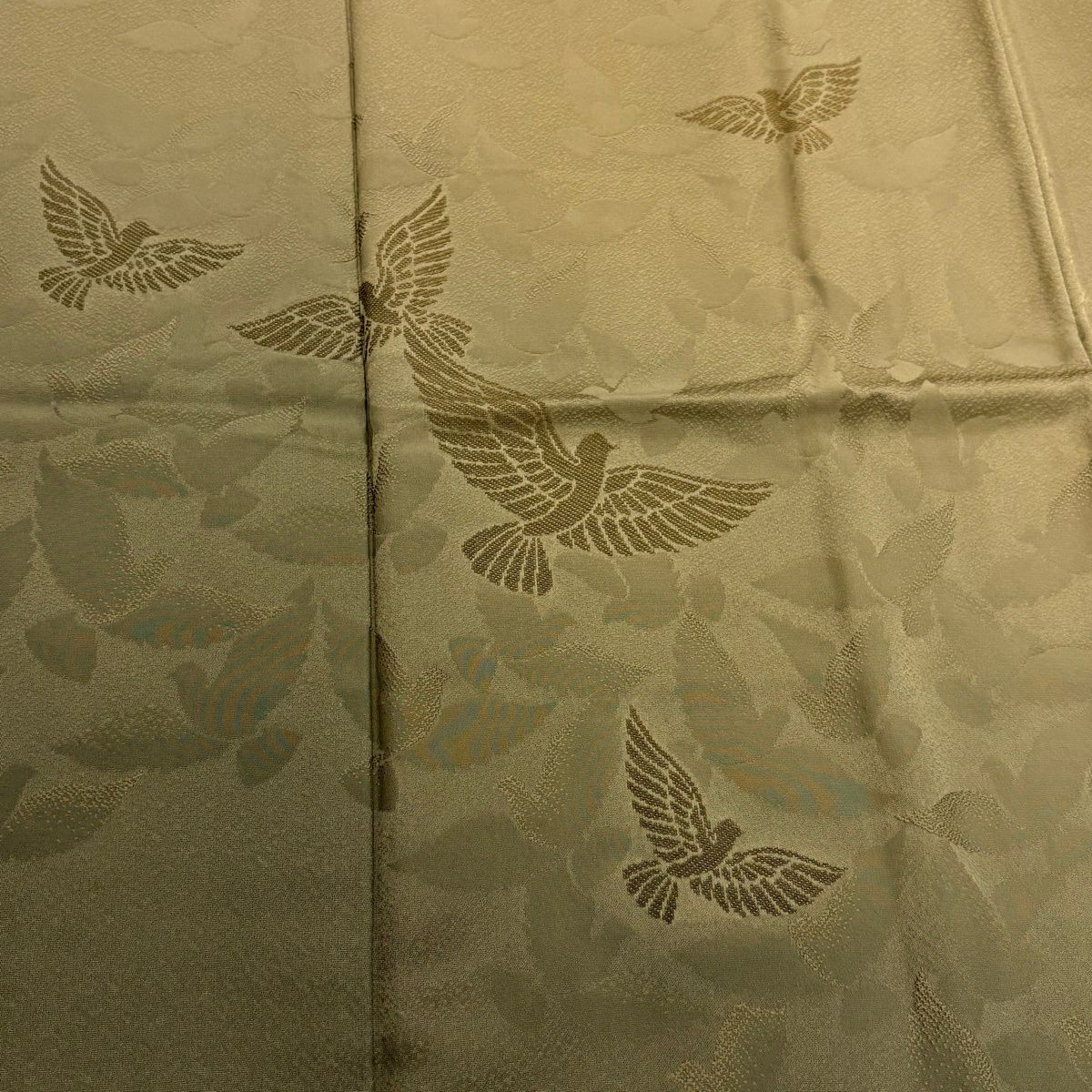 付下 身長152.5cm 袖長62.5cm S 雙層 斉藤三才 落款あり 鳥 地紋 刺繡 漸層 茶綠 純蠶絲 名品級