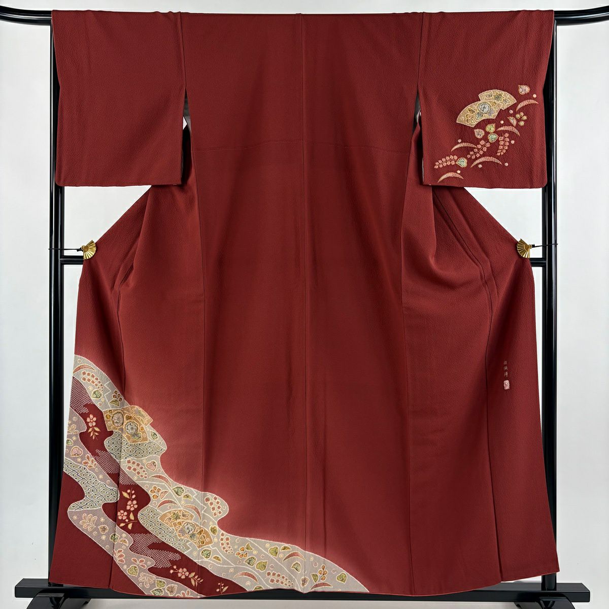 付下 身長156cm 袖長66.5cm M 雙層 翠山工房 有落款 草花紋 紙扇子 絞染 漸層 茜 純蠶絲 名品級