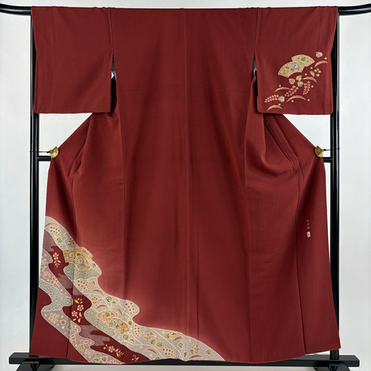 付下 身長156cm 袖長66.5cm M 雙層 翠山工房 有落款 草花紋 紙扇子 絞染 漸層 茜 純蠶絲 名品級