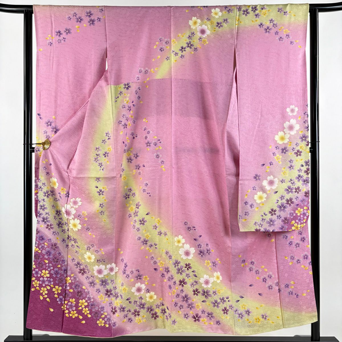 【美品】振袖禮服 身長152.5cm 袖長62cm S 雙層櫻櫻花瓣金絲金銀彩粉紅純蠶絲名品級