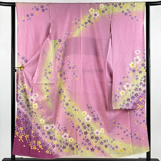 【美品】振袖禮服 身長152.5cm 袖長62cm S 雙層櫻櫻花瓣金絲金銀彩粉紅純蠶絲名品級