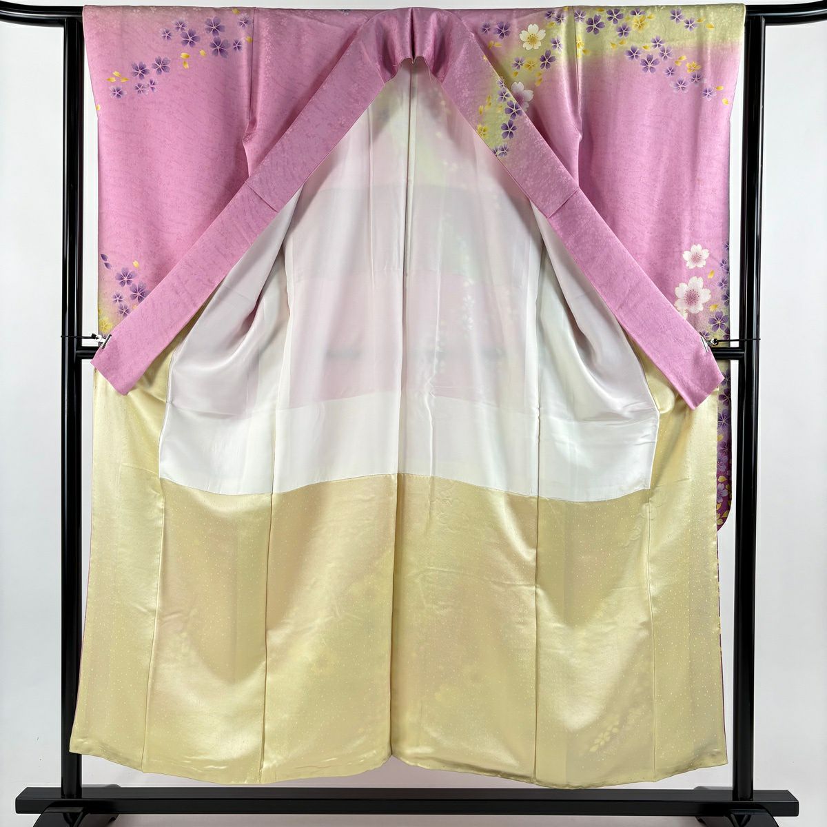 【美品】振袖禮服 身長152.5cm 袖長62cm S 雙層櫻櫻花瓣金絲金銀彩粉紅純蠶絲名品級