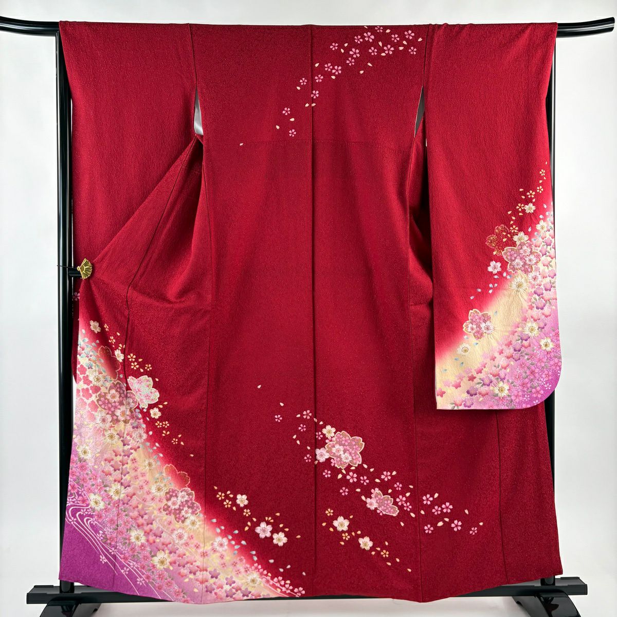 【美品】振袖禮服 身長159cm 袖長65.5cm M 雙層 櫻花 流水 絞染 銀通し 紅 純蠶絲 名品級