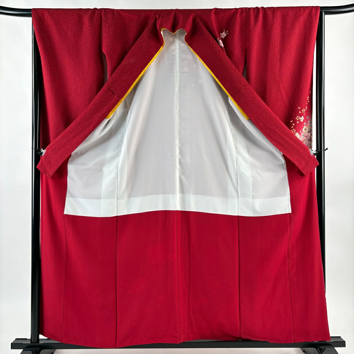 【美品】振袖禮服 身長159cm 袖長65.5cm M 雙層 櫻花 流水 絞染 銀通し 紅 純蠶絲 名品級