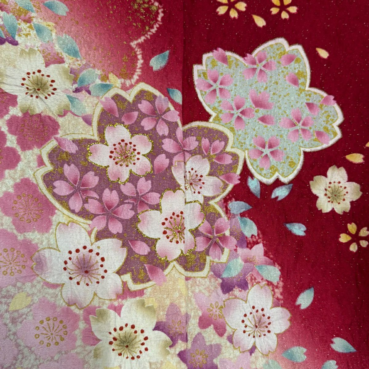 【美品】振袖禮服 身長159cm 袖長65.5cm M 雙層 櫻花 流水 絞染 銀通し 紅 純蠶絲 名品級