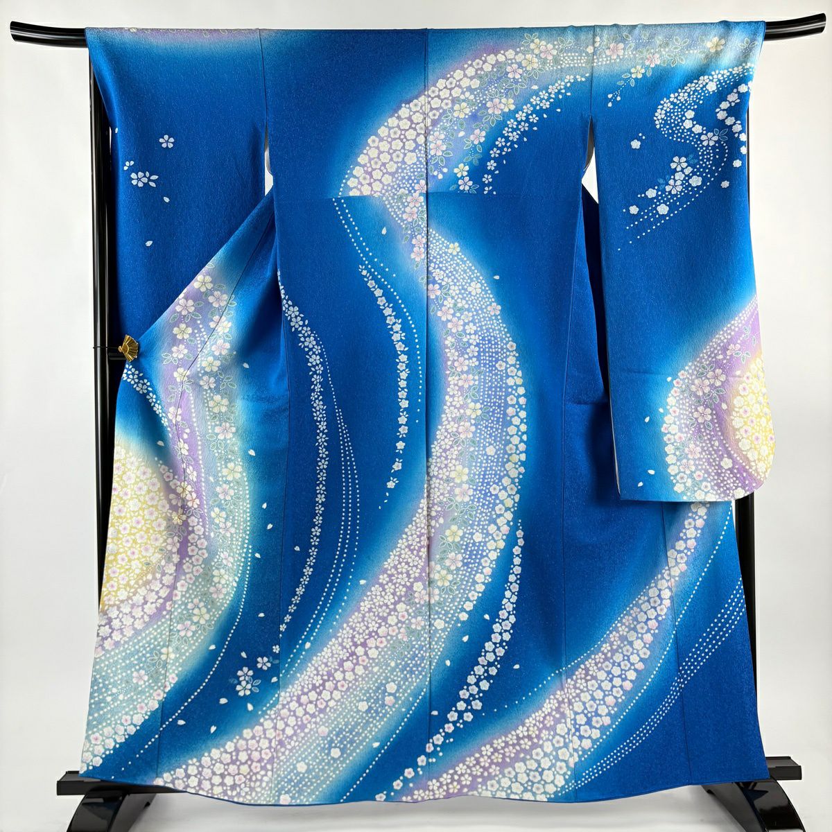 振袖禮服 身長162cm 袖長67.5cm L 雙層櫻梅花銀通金金箔藍純蠶絲名品級