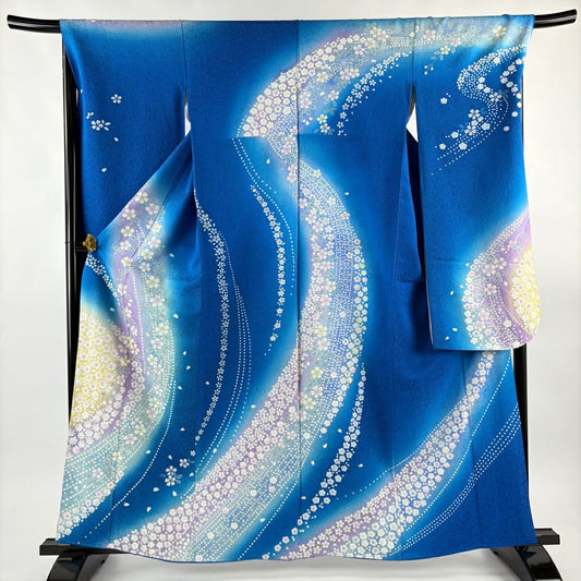 振袖禮服 身長162cm 袖長67.5cm L 雙層櫻梅花銀通金金箔藍純蠶絲名品級