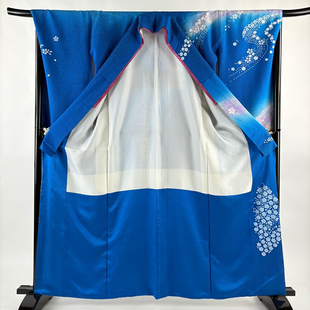 振袖禮服 身長162cm 袖長67.5cm L 雙層櫻梅花銀通金金箔藍純蠶絲名品級