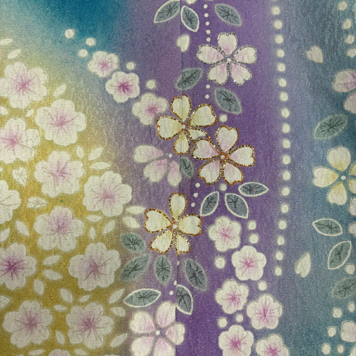 振袖禮服 身長162cm 袖長67.5cm L 雙層櫻梅花銀通金金箔藍純蠶絲名品級