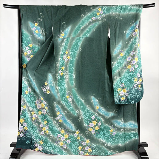 振袖禮服 身長166.5cm 袖長66.5cm M 雙層 櫻花 金銀彩 深綠 純蠶絲 名品級