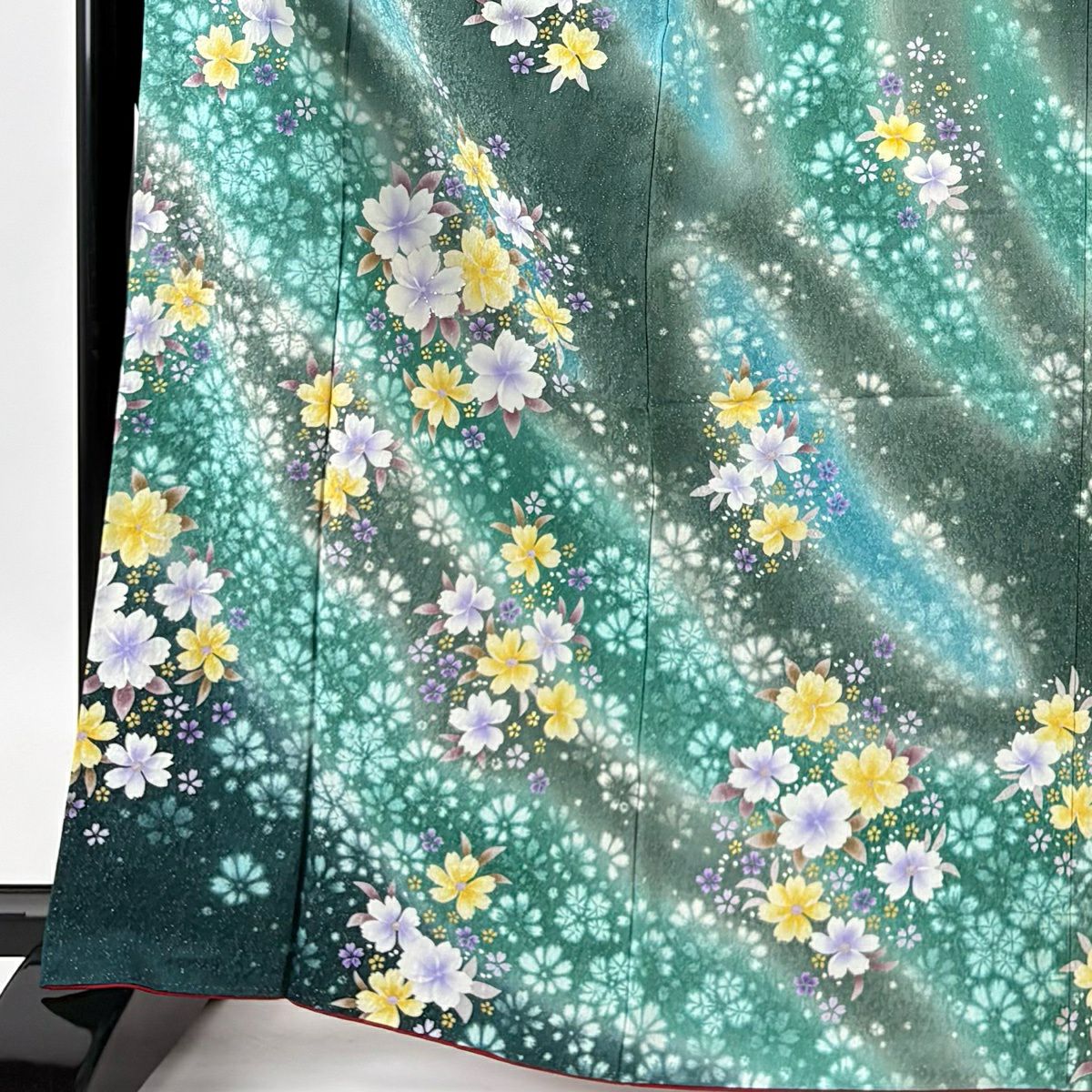振袖禮服 身長166.5cm 袖長66.5cm M 雙層 櫻花 金銀彩 深綠 純蠶絲 名品級