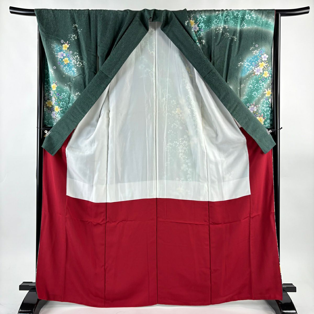 振袖禮服 身長166.5cm 袖長66.5cm M 雙層 櫻花 金銀彩 深綠 純蠶絲 名品級