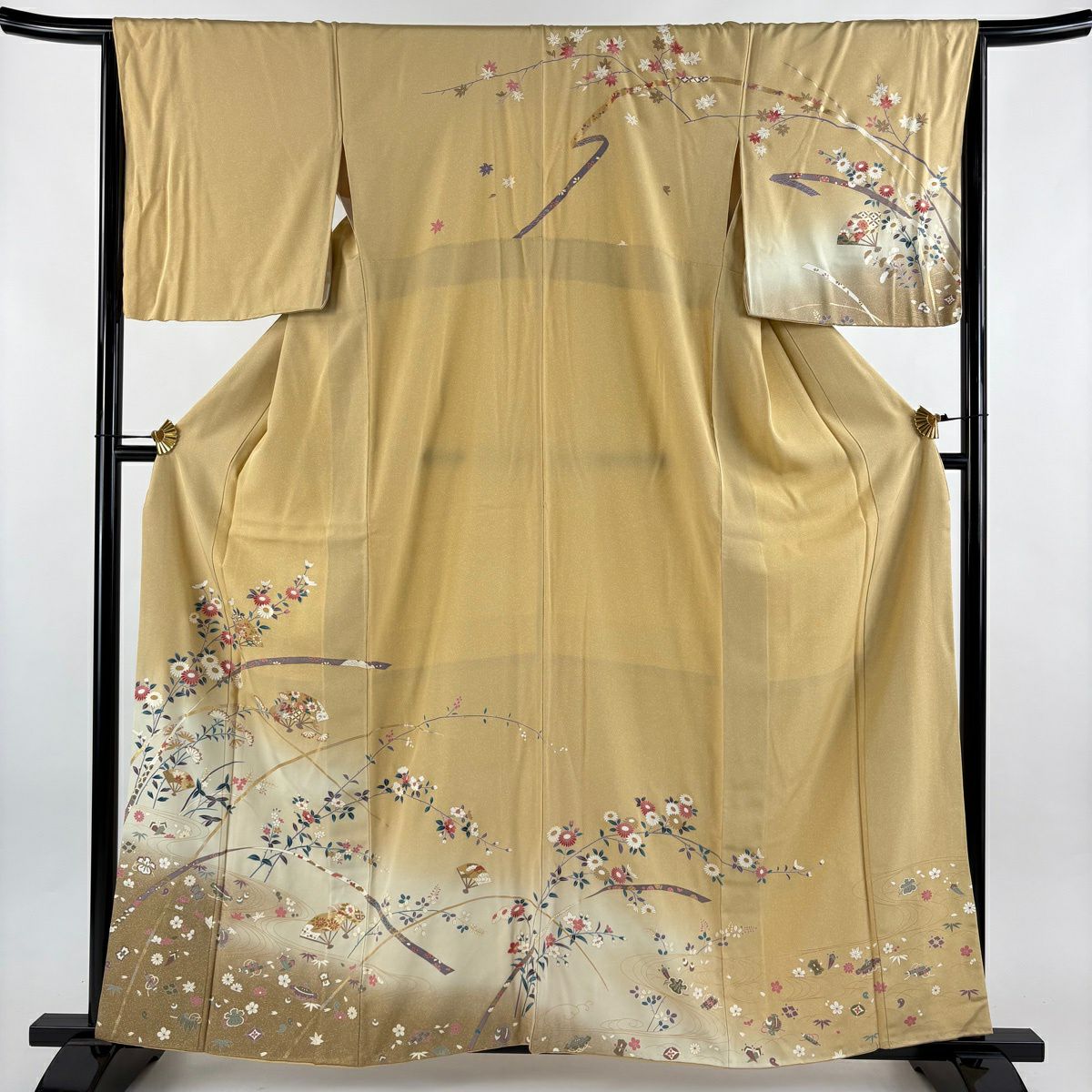 訪問服 身長160cm 袖長65cm M 雙層 草花紋紋 扇子 金銀彩 漸層 米色 純蠶絲 名品級