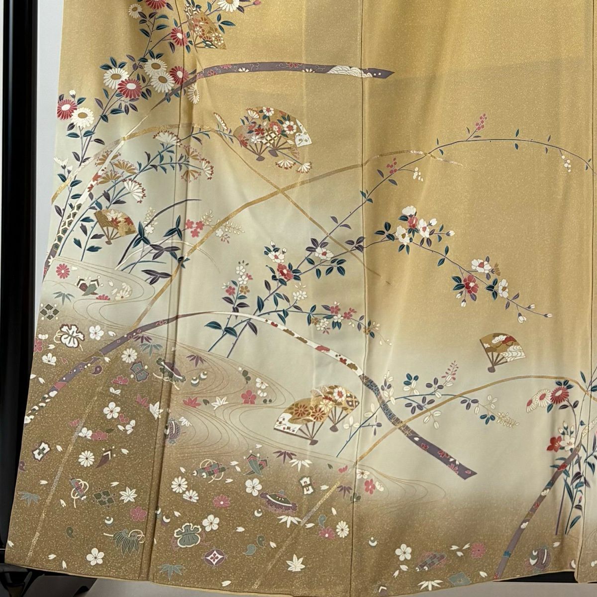 訪問服 身長160cm 袖長65cm M 雙層 草花紋紋 扇子 金銀彩 漸層 米色 純蠶絲 名品級