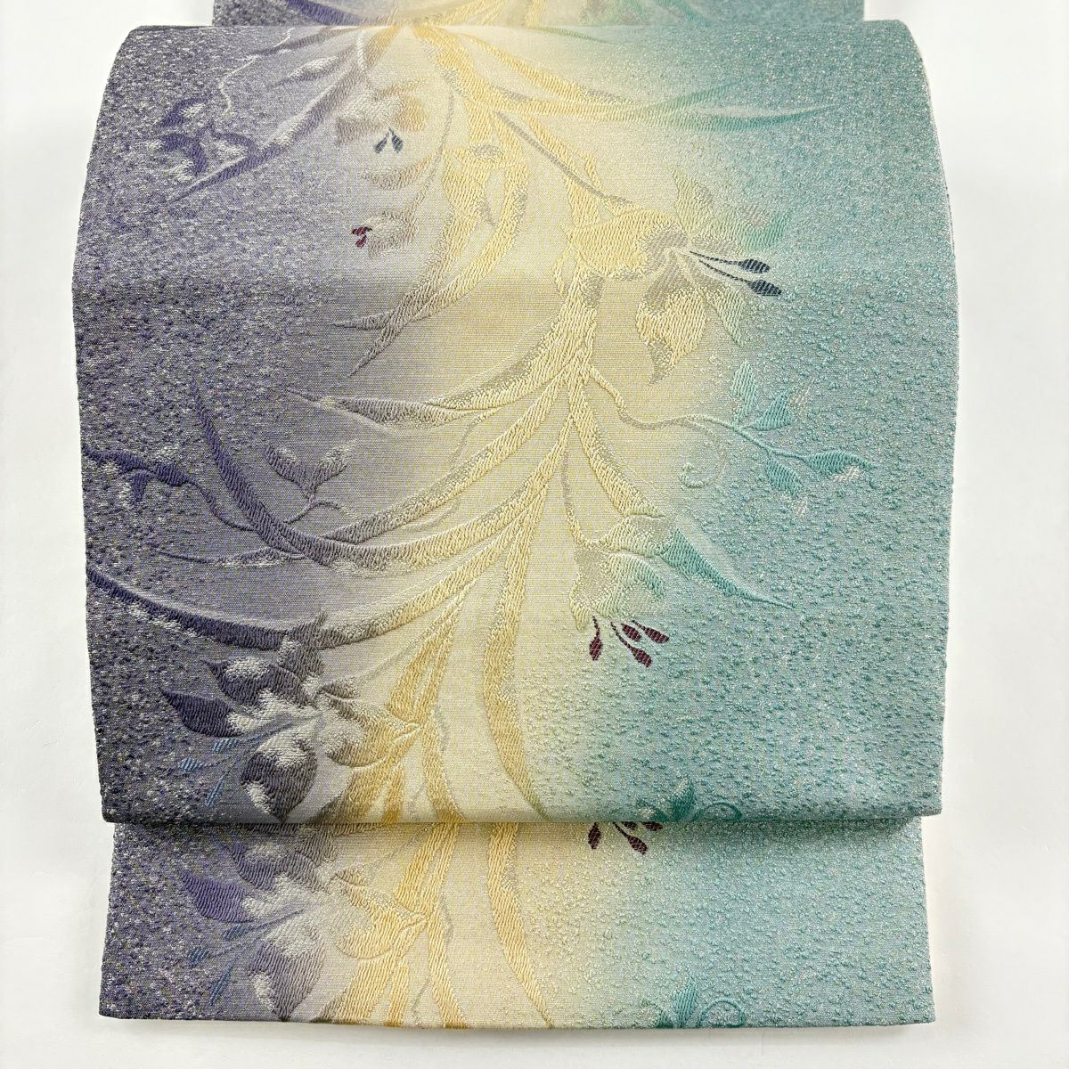 【美品】 袋帶 名品級 草花紋紋 漸層 銀線 淺綠 全通 純蠶絲