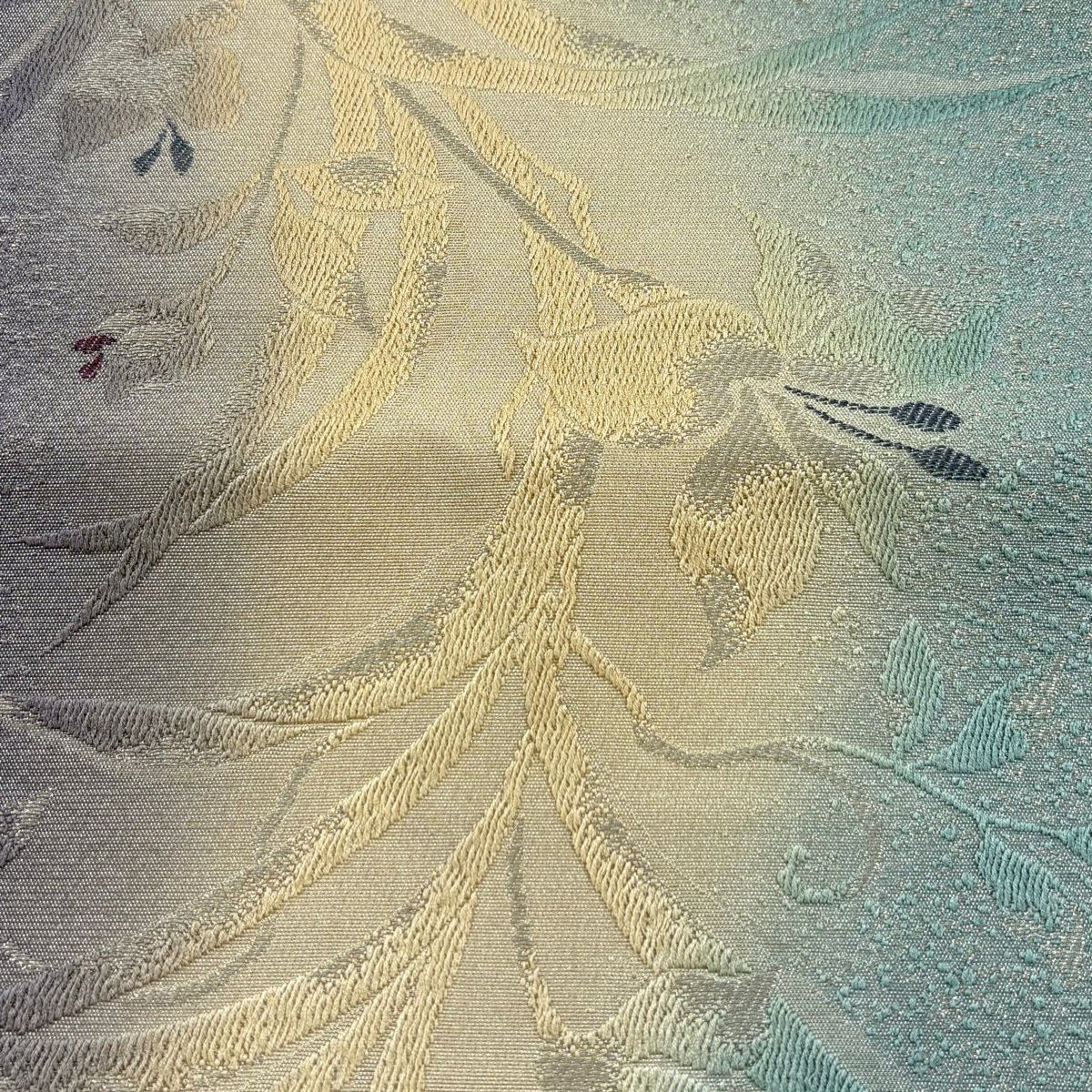 【美品】 袋帶 名品級 草花紋紋 漸層 銀線 淺綠 全通 純蠶絲