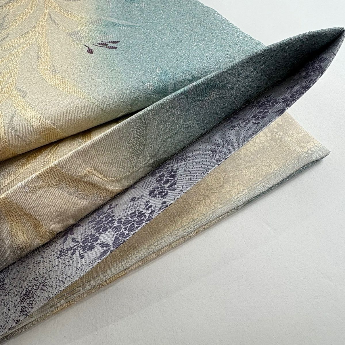 【美品】 袋帶 名品級 草花紋紋 漸層 銀線 淺綠 全通 純蠶絲