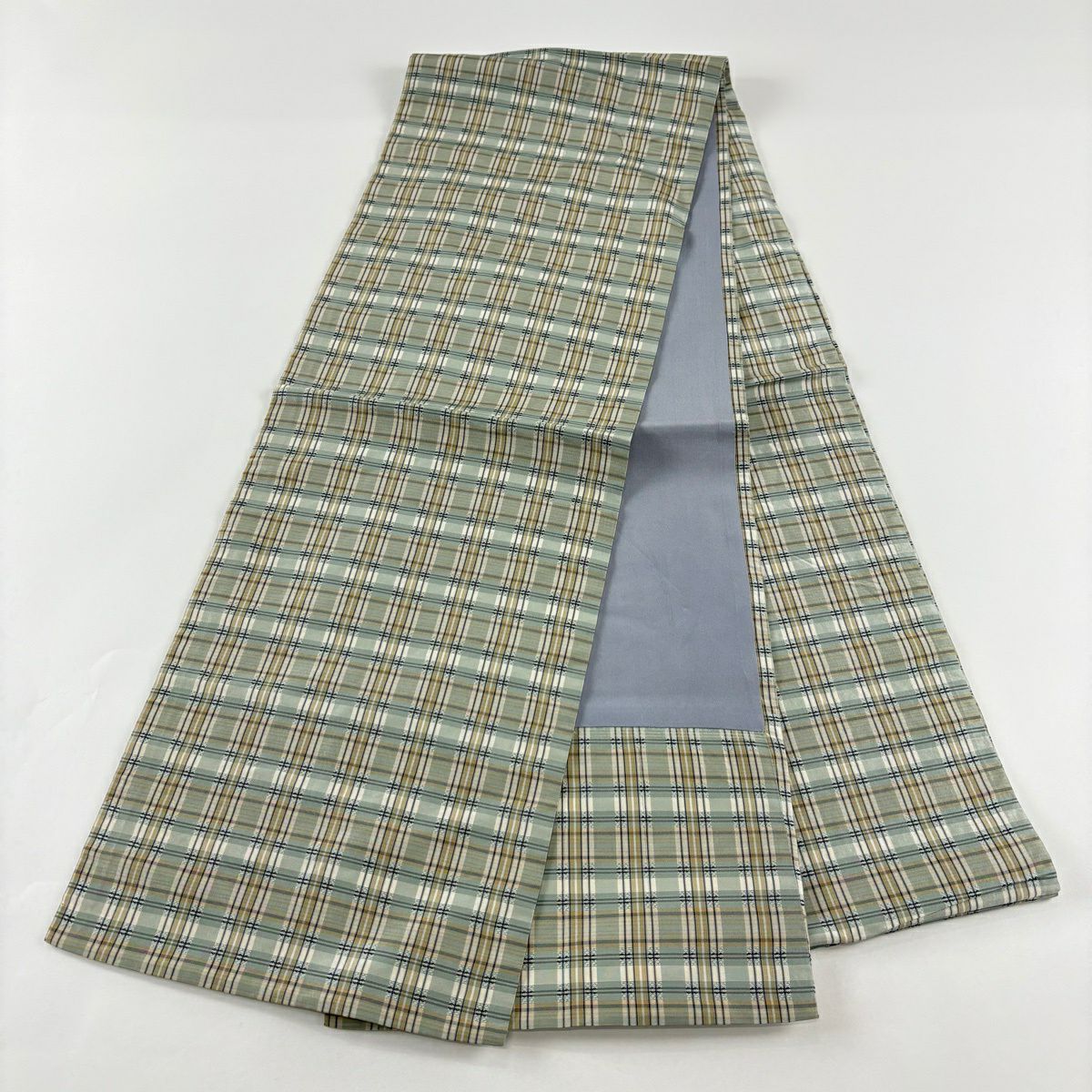 【美品】 開口名古屋帶 名品級 格子 薄綠 純蠶絲