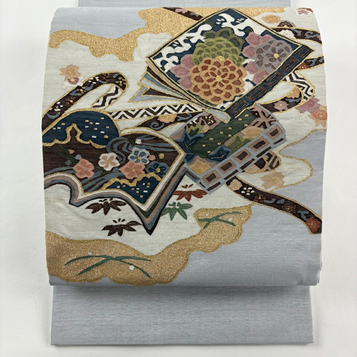 袋帶 名品級 冊子 松樹竹子梅花 金絲 金金箔 青灰 純蠶絲