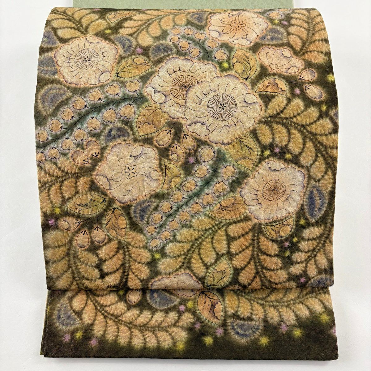 【美品】袋帶 名品級 落款あり 南雲恵 辻花染 漸層 金絲 絞染 淺綠 純蠶絲