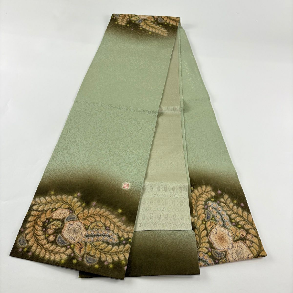 【美品】袋帶 名品級 落款あり 南雲恵 辻花染 漸層 金絲 絞染 淺綠 純蠶絲