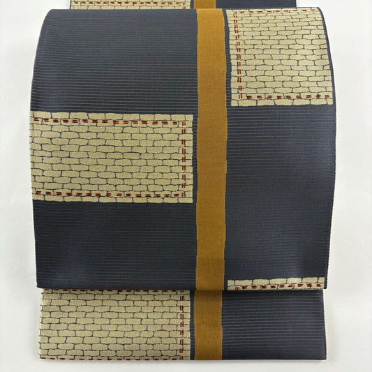【美品】 袋帶 名品級 幾何學 青灰 純蠶絲