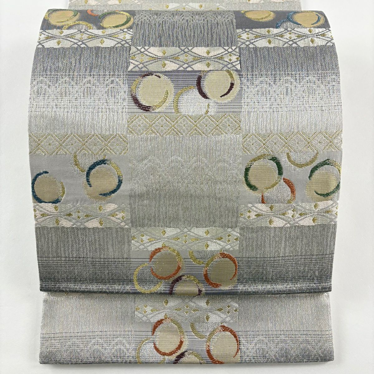 【美品】 袋帶 名品級 市松樹圓想文 金銀絲 金金箔 灰色 六通 純蠶絲