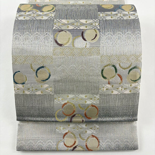 【美品】 袋帶 名品級 市松樹圓想文 金銀絲 金金箔 灰色 六通 純蠶絲