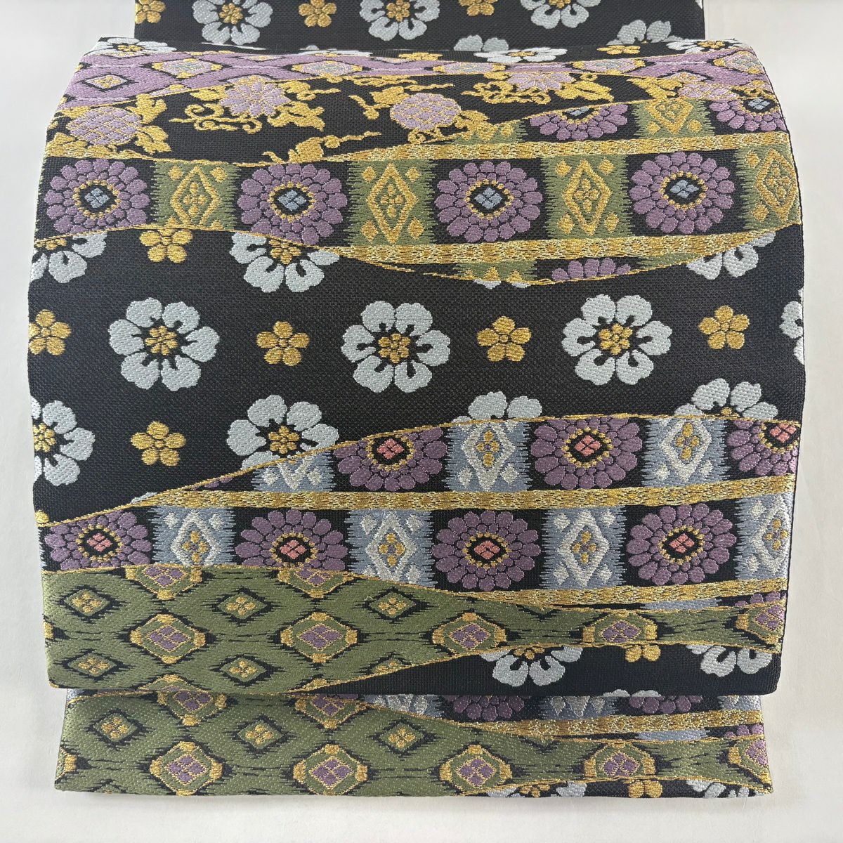 【美品】 袋帶 名品級 花紋 菱形 金銀彩 焦茶 六通 純蠶絲
