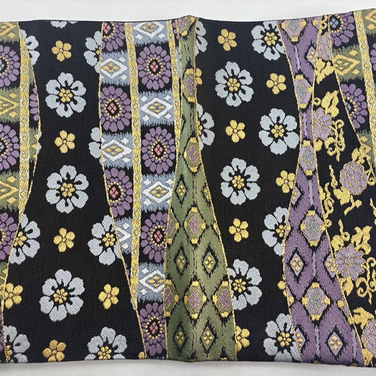 【美品】 袋帶 名品級 花紋 菱形 金銀彩 焦茶 六通 純蠶絲