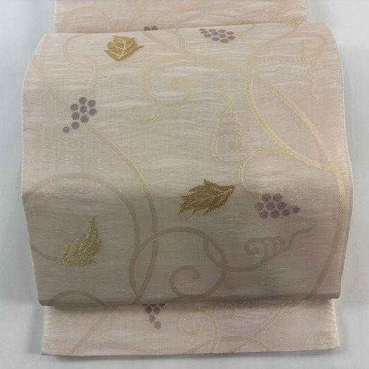 【美品】 袋帶 名品級 夏帶 葡萄唐草紋 金絲 金金箔 粉米色 六通 純蠶絲