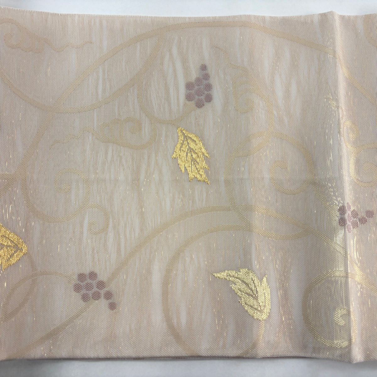 【美品】 袋帶 名品級 夏帶 葡萄唐草紋 金絲 金金箔 粉米色 六通 純蠶絲