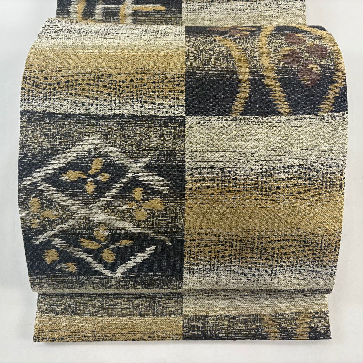 【美品】 袋帶 名品級 變化市松樹 立湧 金絲 黃土色 六通 純蠶絲