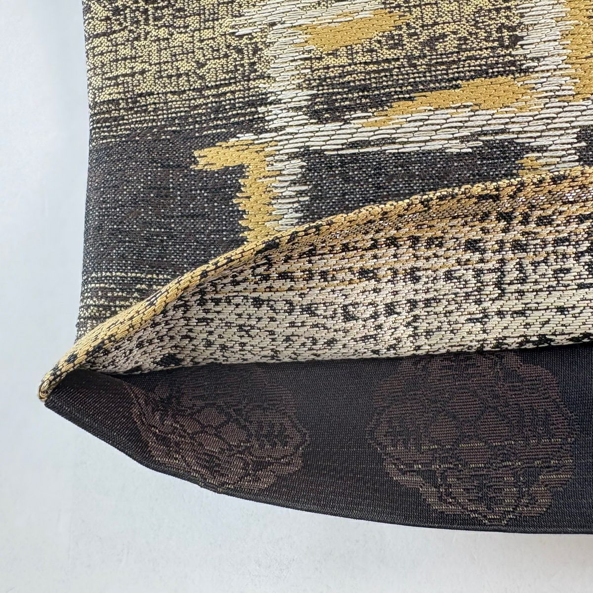 【美品】 袋帶 名品級 變化市松樹 立湧 金絲 黃土色 六通 純蠶絲