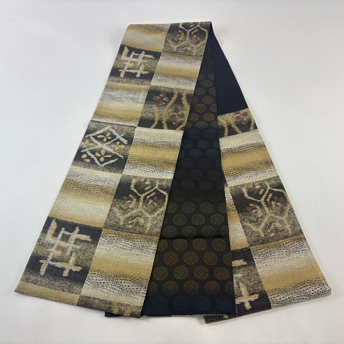【美品】 袋帶 名品級 變化市松樹 立湧 金絲 黃土色 六通 純蠶絲