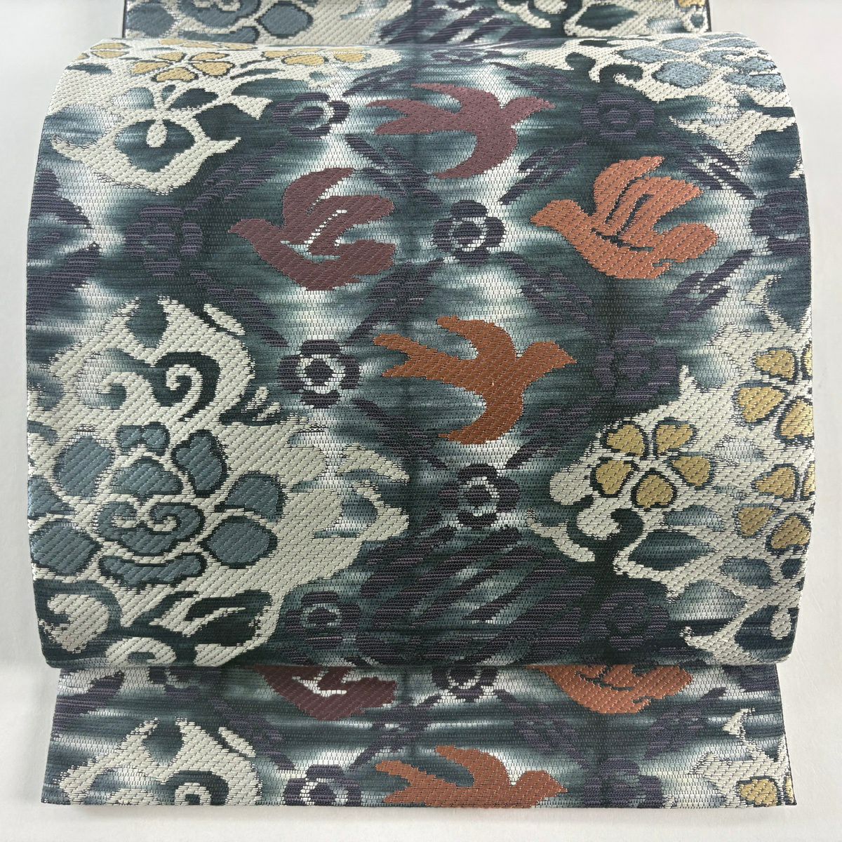 【美品】 袋帶 名品級 鳥 花唐草紋 灰綠 六通 純蠶絲