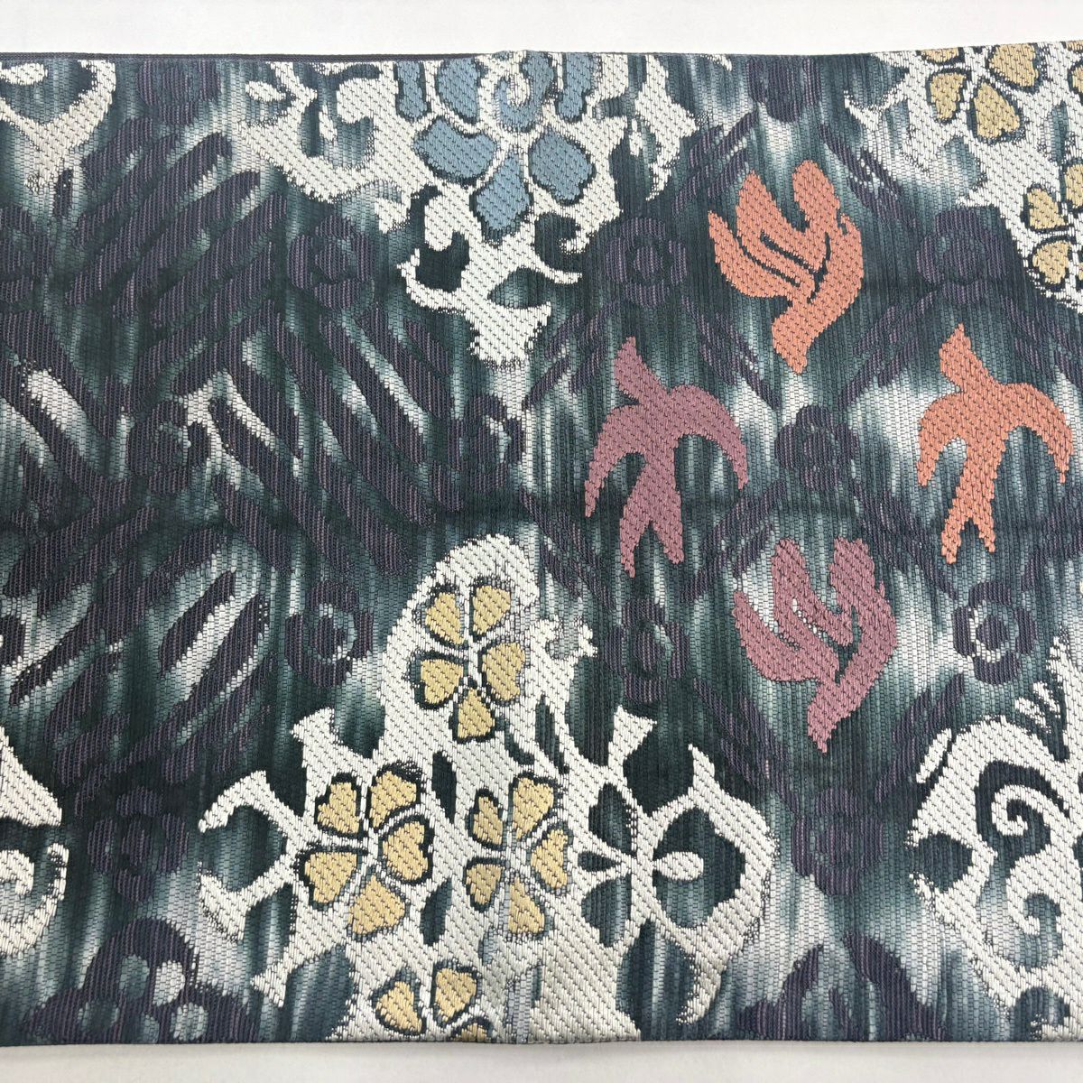 【美品】 袋帶 名品級 鳥 花唐草紋 灰綠 六通 純蠶絲