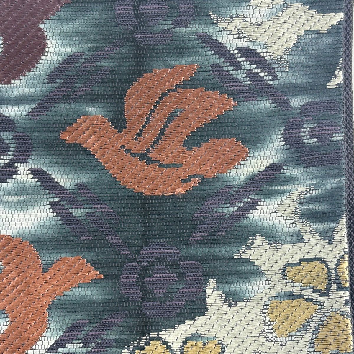 【美品】 袋帶 名品級 鳥 花唐草紋 灰綠 六通 純蠶絲