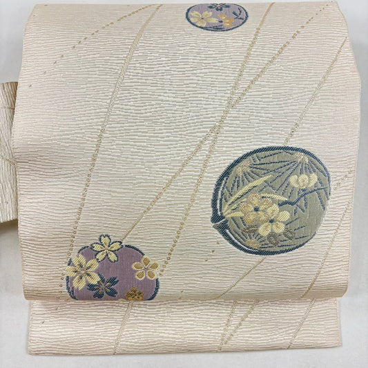 名古屋帶 名品級櫻松樹竹子梅花 金金箔 奶油色 純蠶絲