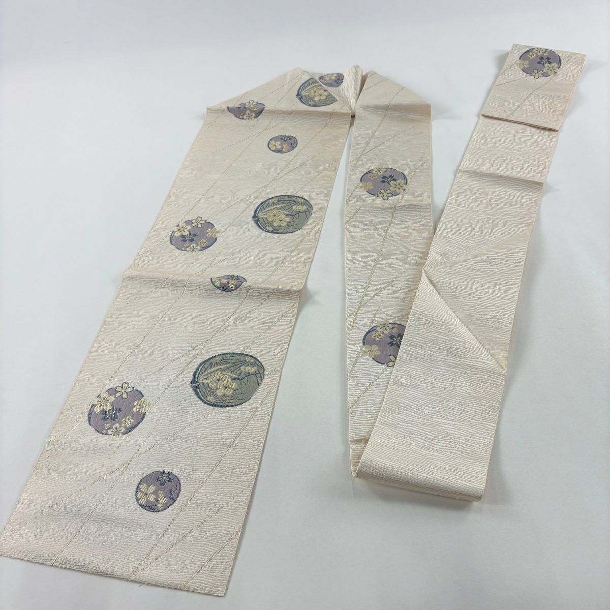 名古屋帶 名品級櫻松樹竹子梅花 金金箔 奶油色 純蠶絲