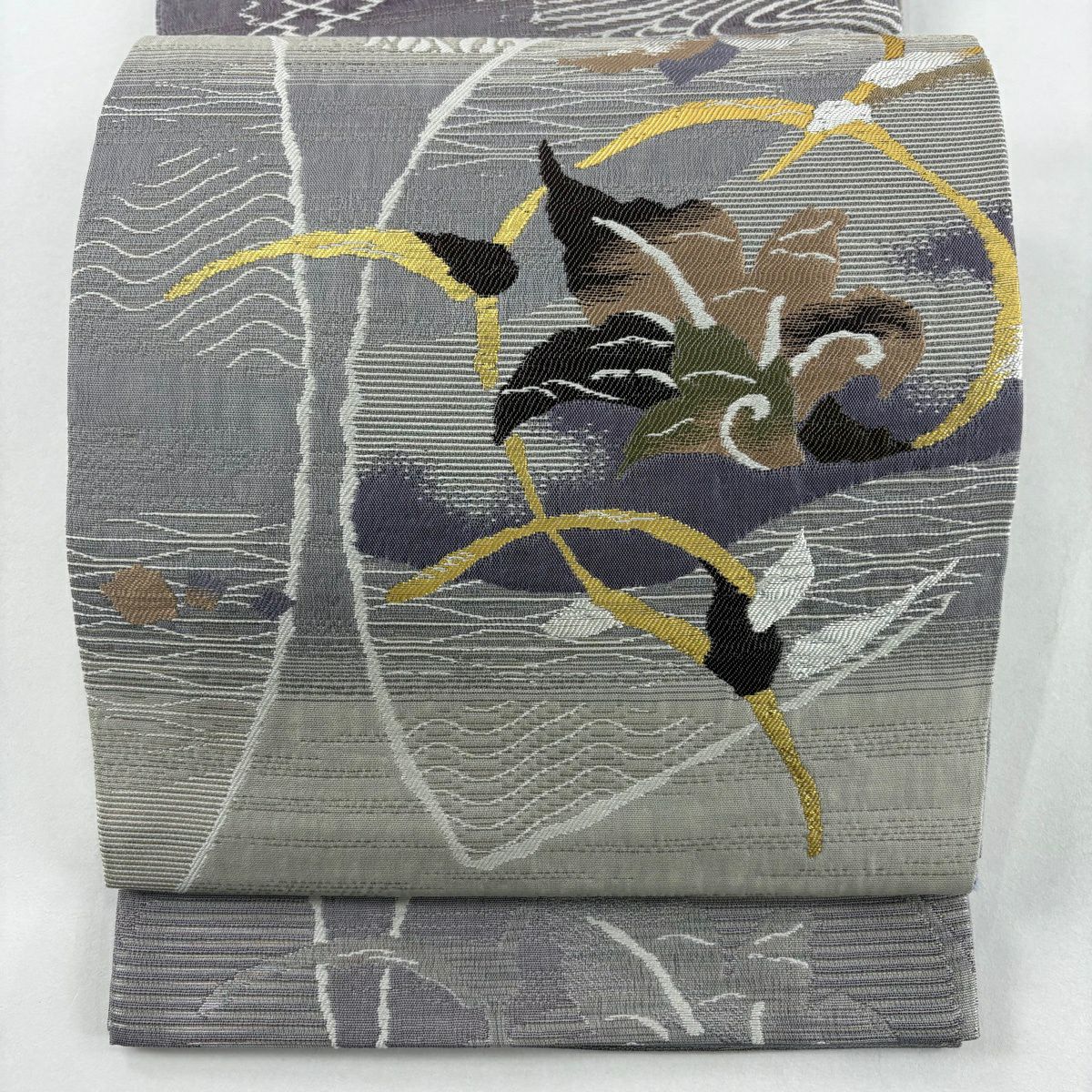 【美品】 袋帶 名品級 草花紋紋 金金箔 金銀彩 灰紫色 お太鼓柄 純蠶絲
