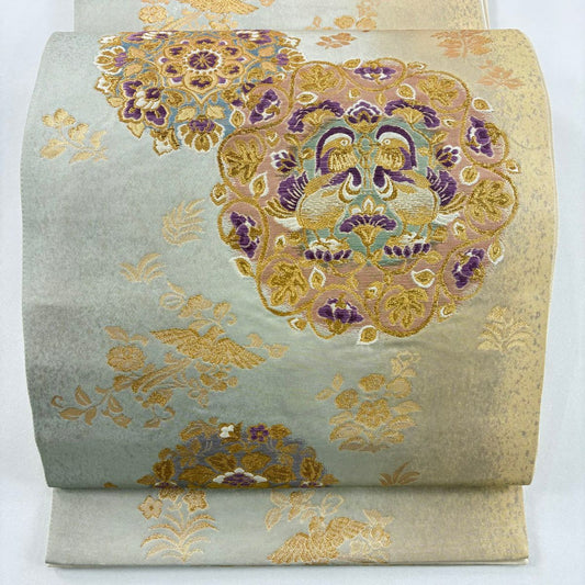 袋帶 名品級 じゅらく 落款あり 帝王紫 華紋 向かい鳥 金金箔 金絲 米色 大鼓圖案 純蠶絲