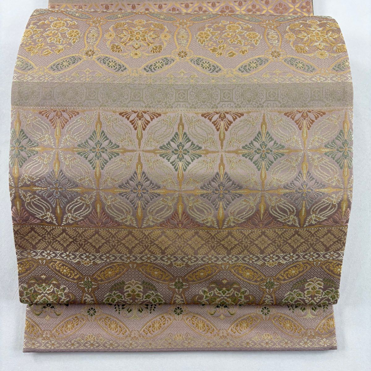 【美品】 袋帶 名品級 金金箔屋清兵衛 有落款 七寶紋 花 金金箔 粉米色 大鼓圖案 純蠶絲
