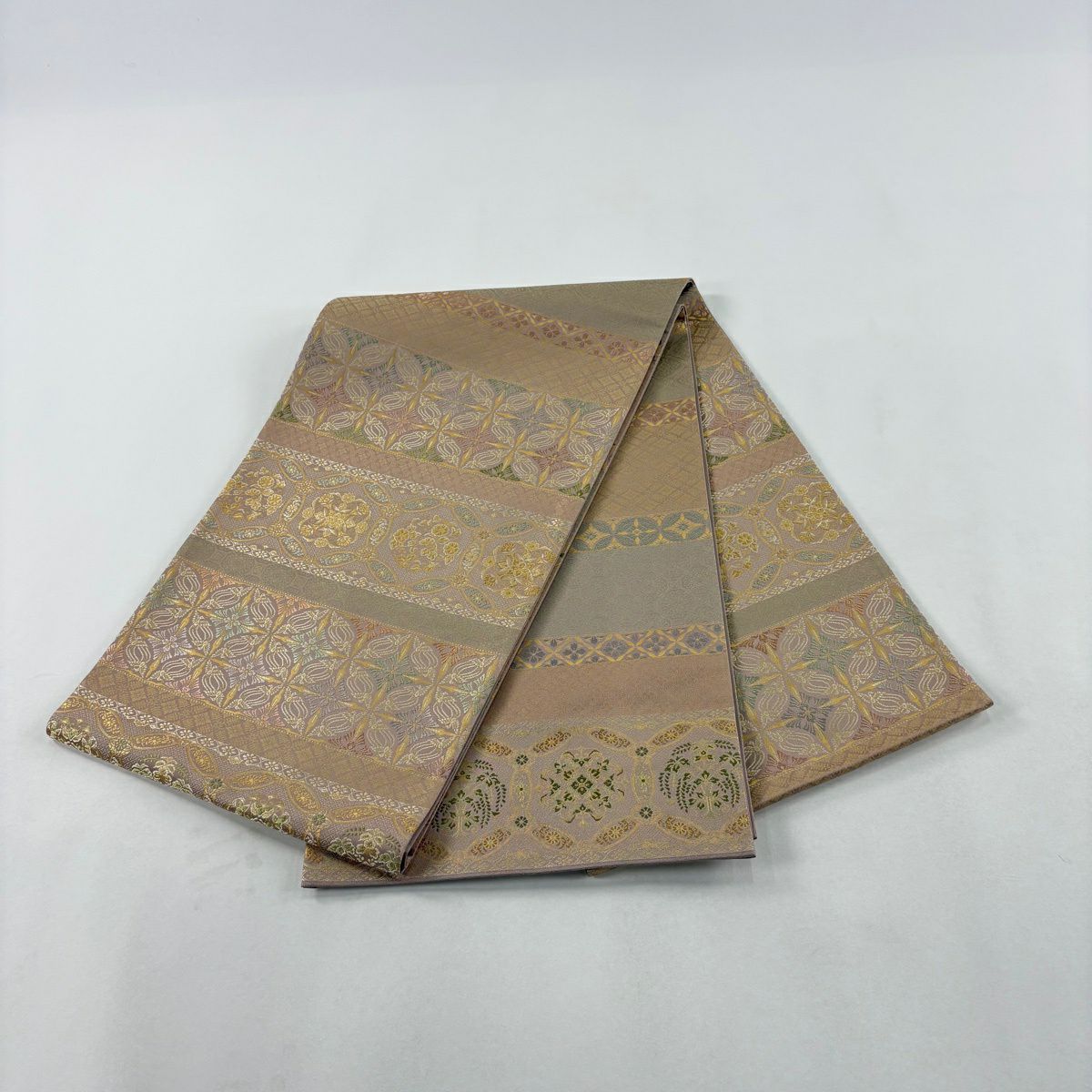 【美品】 袋帶 名品級 金金箔屋清兵衛 有落款 七寶紋 花 金金箔 粉米色 大鼓圖案 純蠶絲